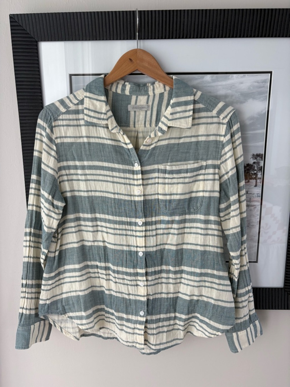 Outerknown Costa Gauzy Double Weave Button Down Shirt Blue Cream Stripe M